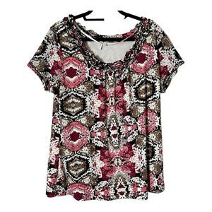 Madison Woman Short Sleeve Multicolor Ruffle Detail Strech Blouse Size 2X